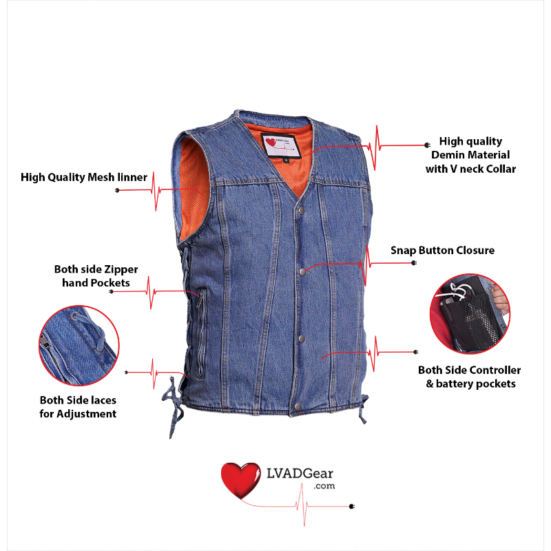 Men's LVAD HEARTMATE Blue Denim Vest