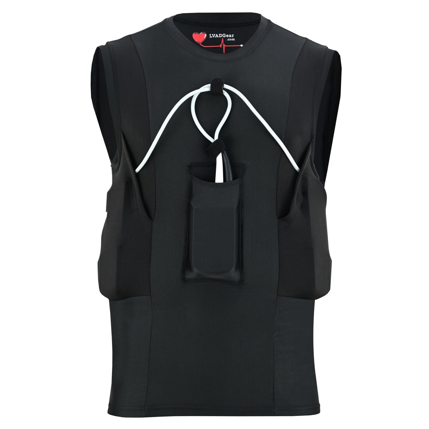 Black LVAD men’s tank top with loose fit, side battery pockets, front controller pocket, and discreet spandex design.