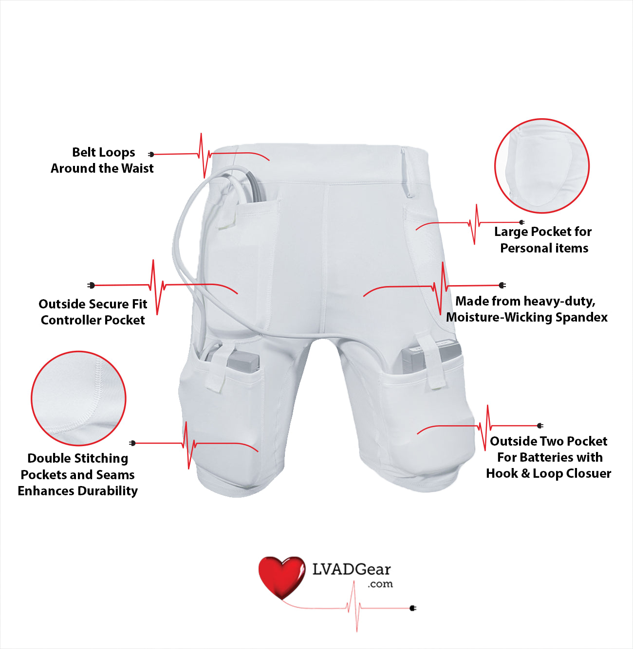 LVAD White Medical Short Unisex for Heartmate 2 and 3