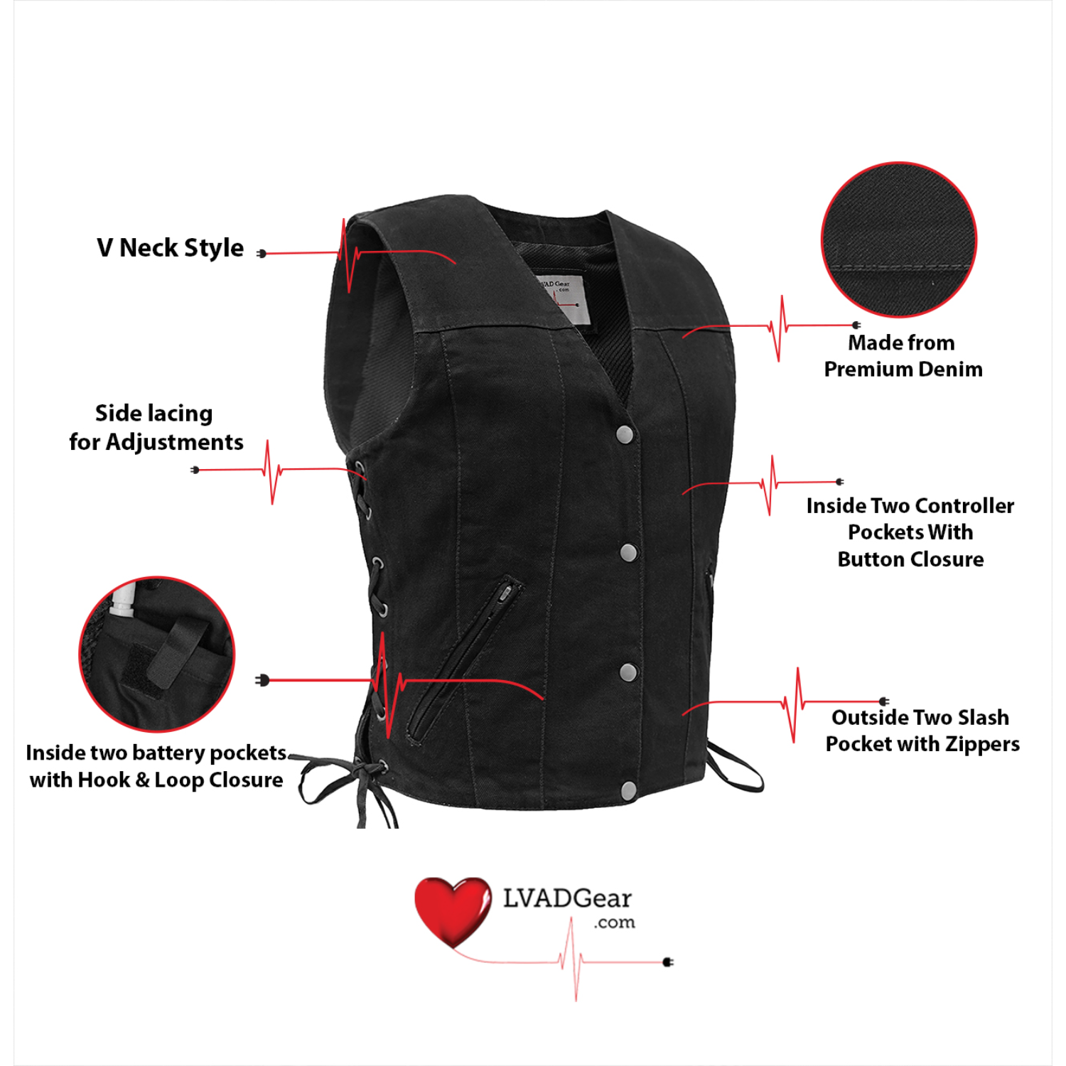 Womens LVAD HEARTMATE Black Denim Vest