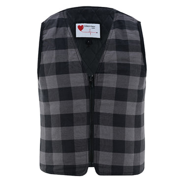 Gray and black plaid men's LVAD flannel vest with interior controller and battery pockets