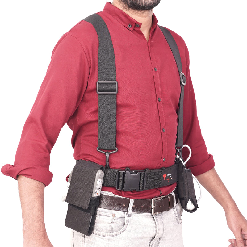 Black LVAD HeartMate Harness with three secure pouches, adjustable straps, and durable closures for safety and comfort.