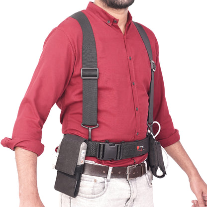 Black LVAD HeartMate Harness with three secure pouches, adjustable straps, and durable closures for safety and comfort.