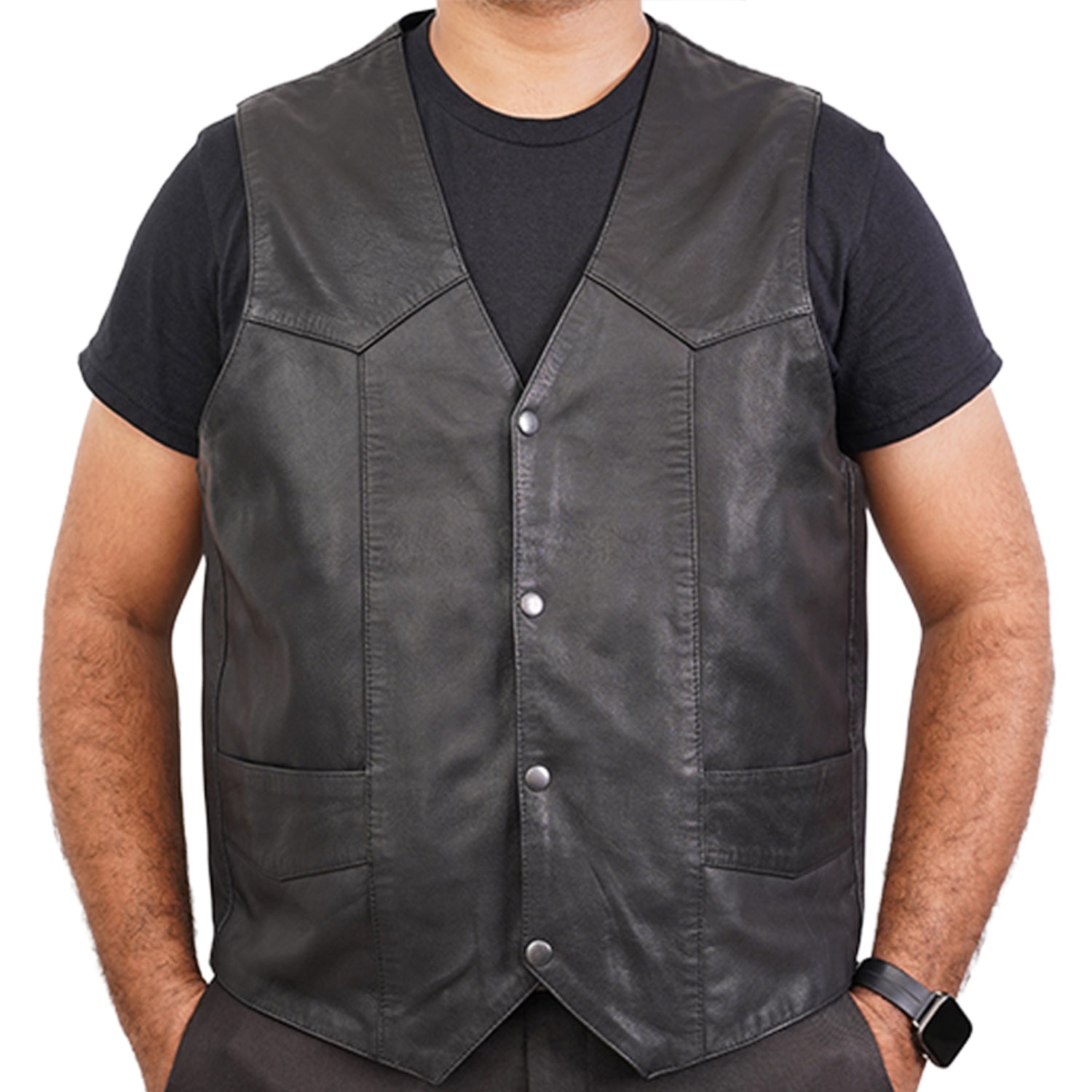 Men’s black leather LVAD vest with interior controller and battery pockets
