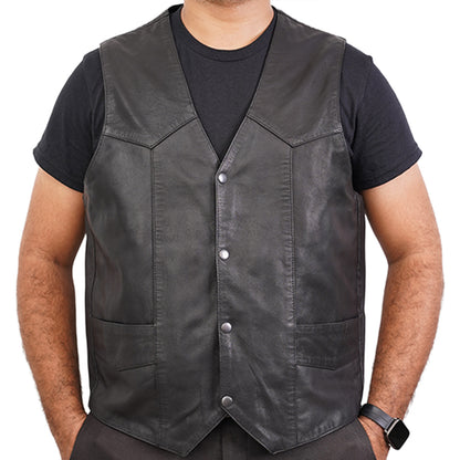 Men’s black leather LVAD vest with interior controller and battery pockets